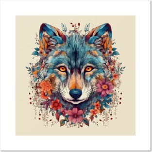 Colorful Wolf With Flowers Posters and Art